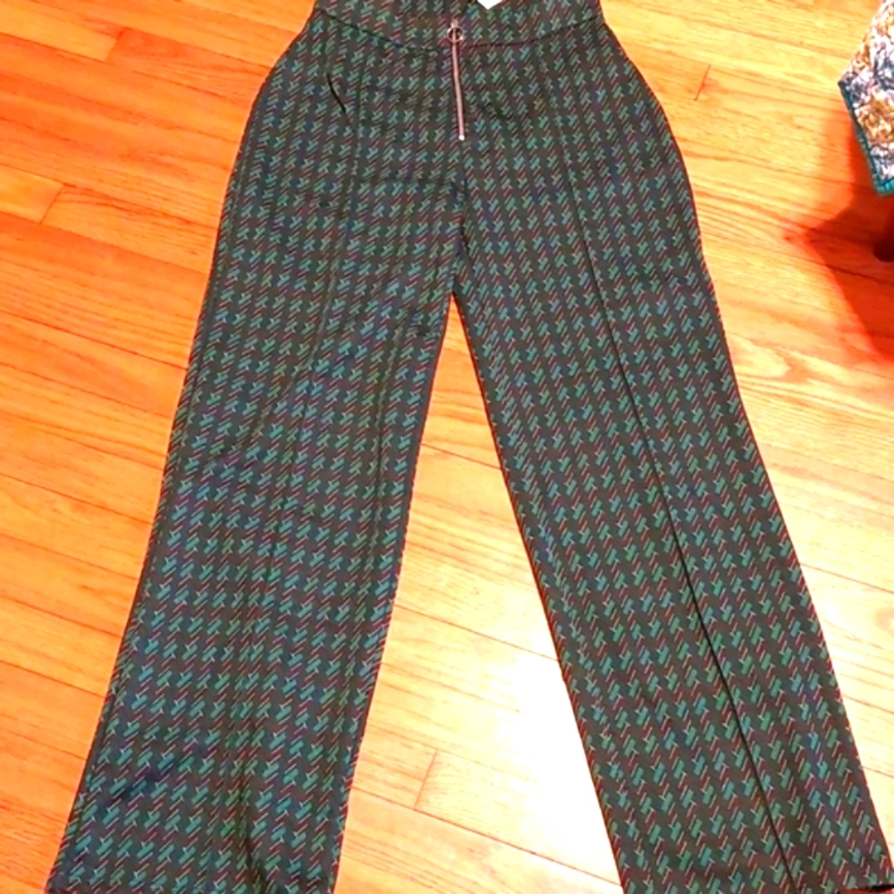 ZARA green high waisted flared jacquard pants Sz M NWT - Picture 5 of 7
